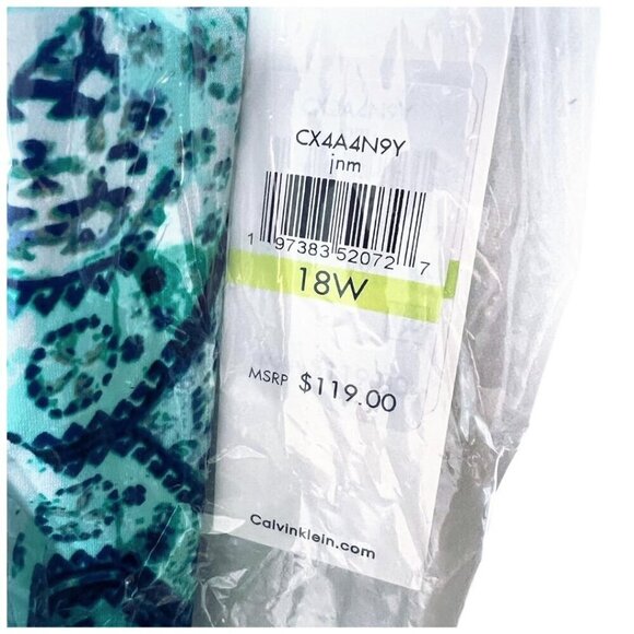 Calvin Klein Womens Blue Green Print V Neck Faux Wrap Sheath Dress Sz 18 W New - Picture 7 of 10